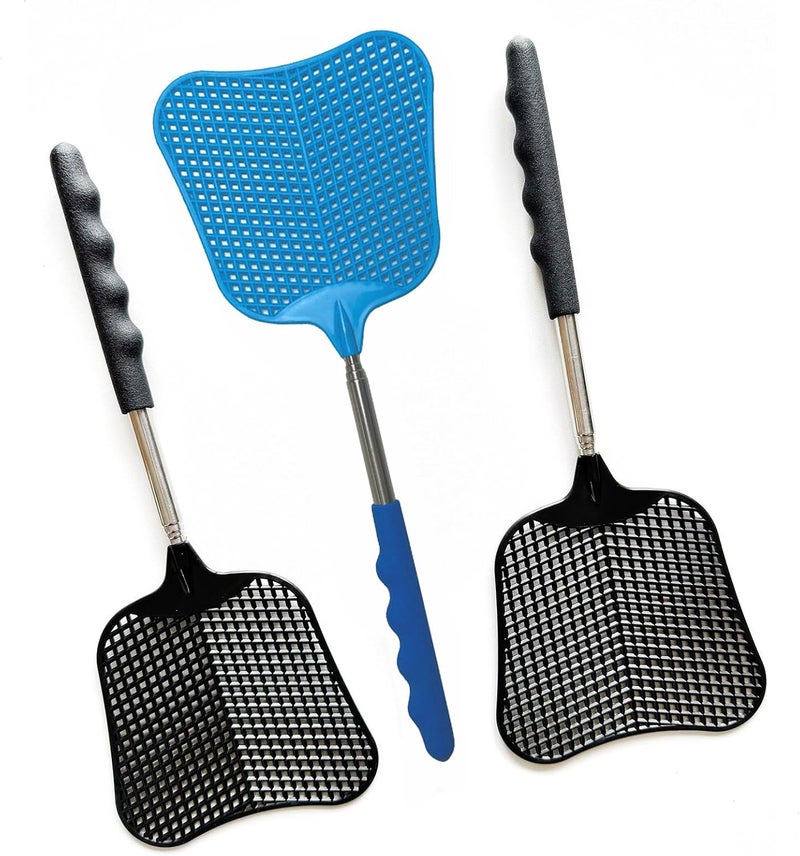 MILEDU Telescopic Fly Swatters, Long Plastic Extendable Fly Swatter Manual, Retractable Swatters, Telescoping Swat, Stainless Steel Handle, Swatting Flies, Spiders, etc.,3Pcs (Black+Black+Blue) - Image 1